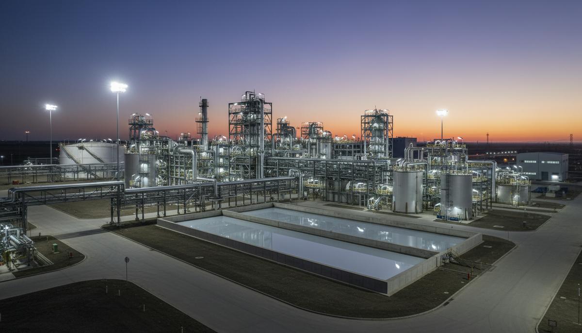 Литиевый парадокс: рост спроса и проблемы производства Промышленный комплекс по переработке лития в сумерках. Стальные конструкции, трубопроводы и резервуары современного завода.