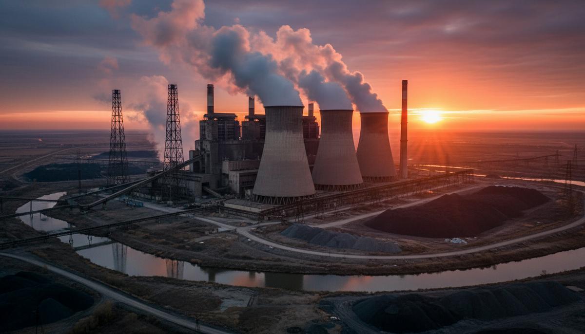 Крупная угольная электростанция с дымящими трубами на фоне восхода солнца. Промышленный пейзаж на рассвете.