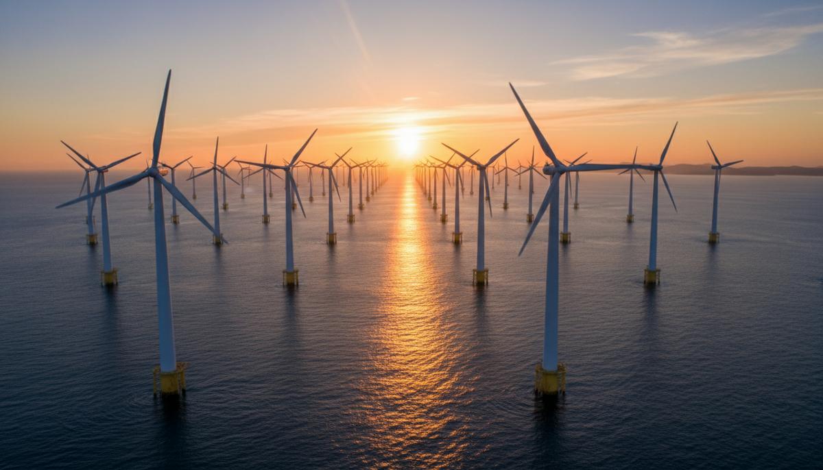 Огромная морская ветроэлектростанция с рядами ветряных турбин в океане на рассвете. Солнечный свет отражается на поверхности воды.