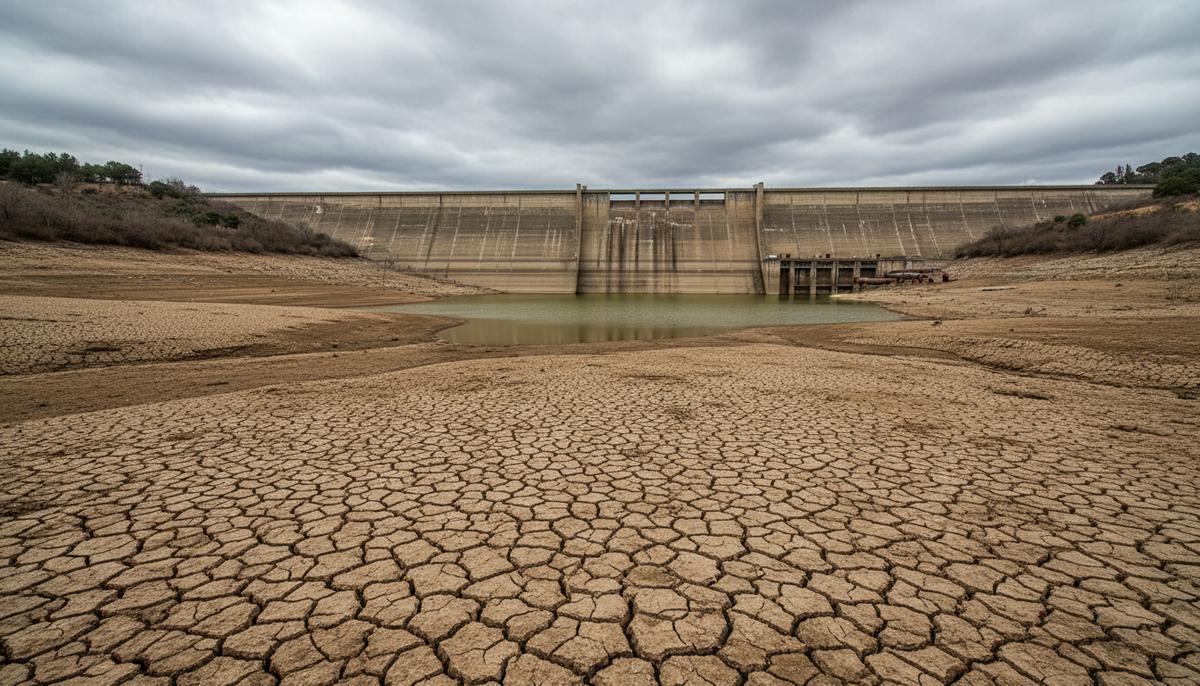Огромное водохранилище с низким уровнем воды, обнажившим потрескавшееся дно у бетонной плотины во время засухи.
