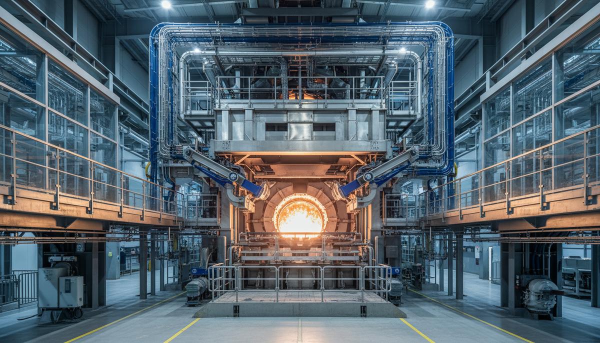 Современная электродуговая печь в цеху металлургического завода, внутри виден раскаленный расплавленный металл.