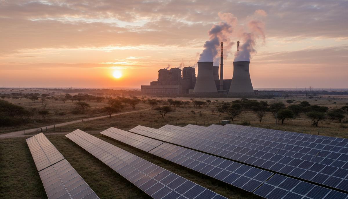Солнечная электростанция на переднем плане и угольная ТЭЦ на заднем плане в пейзаже ЮАР на рассвете, символизируя энергетический переход.