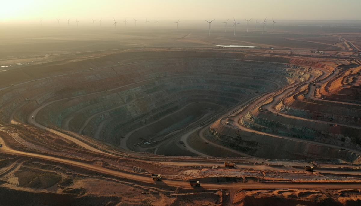 Эра меди: как декарбонизация сделала медь главным активом BHP Огромный карьер по добыче меди с террасными уступами, вид с воздуха. На дальнем горизонте виднеются силуэты ветряных турбин.