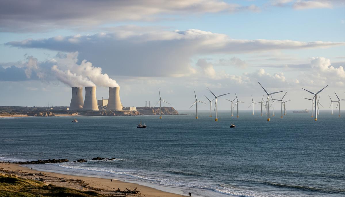 Современная атомная электростанция на побережье и морская ветряная ферма с множеством турбин в море под облачным небом.