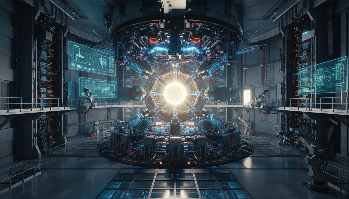 Футуристический зал термоядерного реактора с массивом лазерных установок, направленных на центральную камеру, где светится плазма.