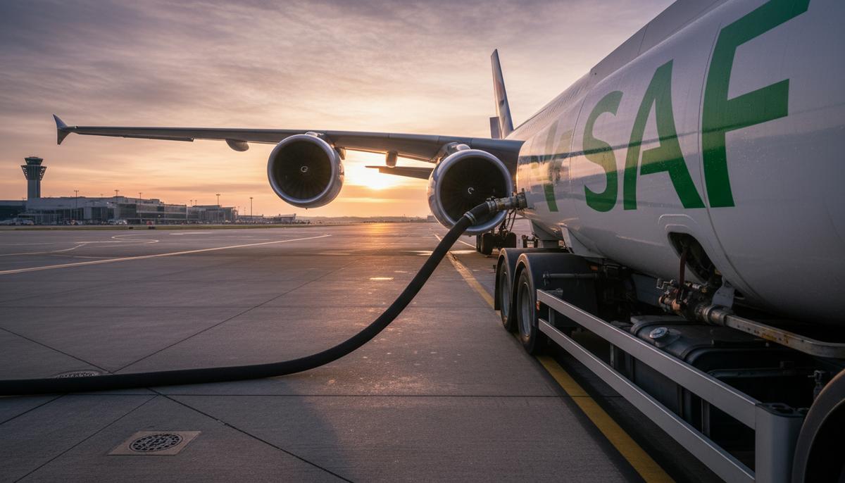 Топливозаправщик с логотипом SAF заправляет крыло пассажирского самолета на взлетной полосе аэропорта на рассвете.