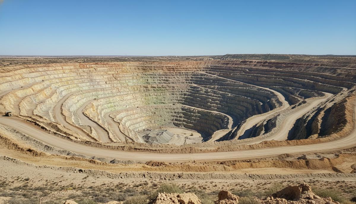 Огромный карьер по добыче урана с высоты птичьего полета, террасные стены и дороги для техники, безлюдный промышленный пейзаж.