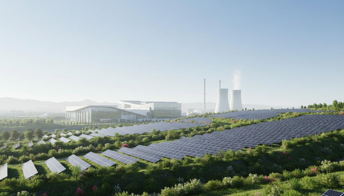 Солнечные панели на зеленых террасах на фоне современного промышленного комплекса. Концепция зеленой энергетики.