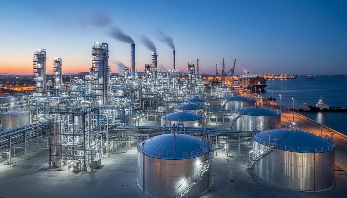 Современный завод по производству возобновляемого дизельного топлива в сумерках с освещенными резервуарами и трубопроводами.