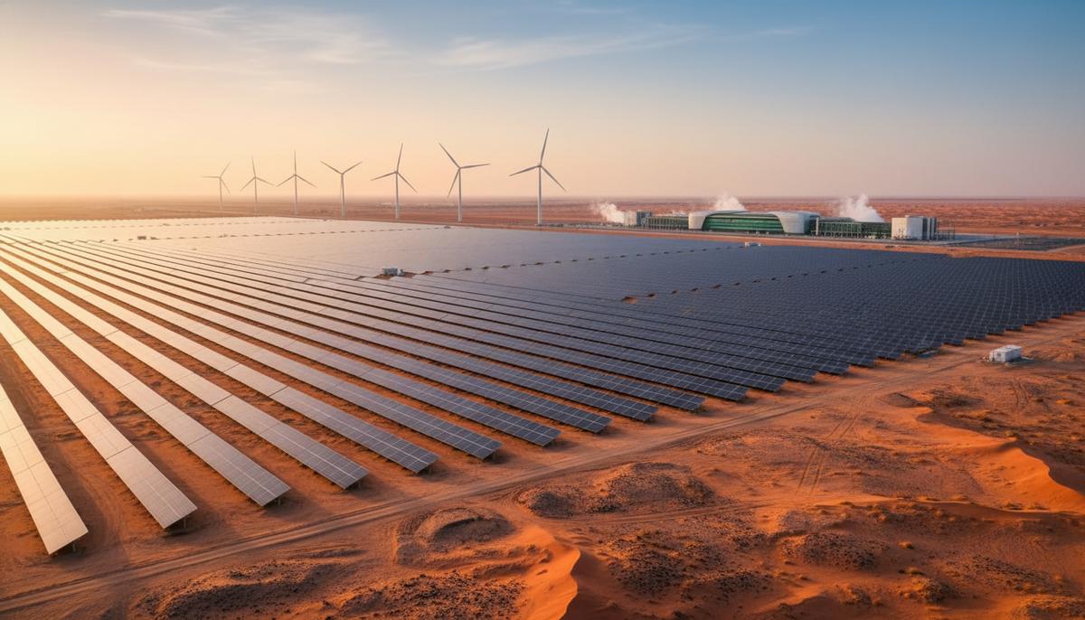 Солнечная электростанция с рядами панелей в пустыне на рассвете. На горизонте видны ветряные турбины и современное здание.