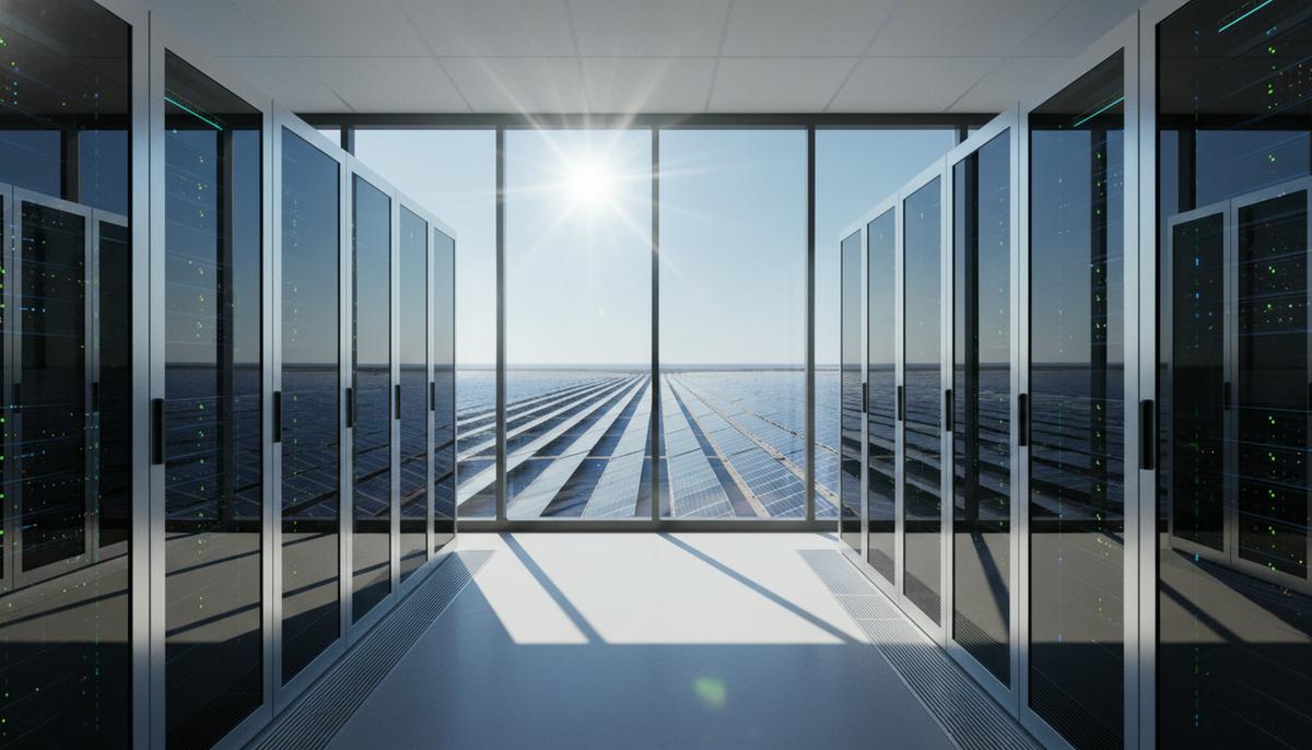 Booking Holdings: прибыль растет, но 99% выбросов остаются проблемой Серверная комната современного дата-центра с рядами работающего оборудования, за окном – поле солнечных панелей до горизонта.