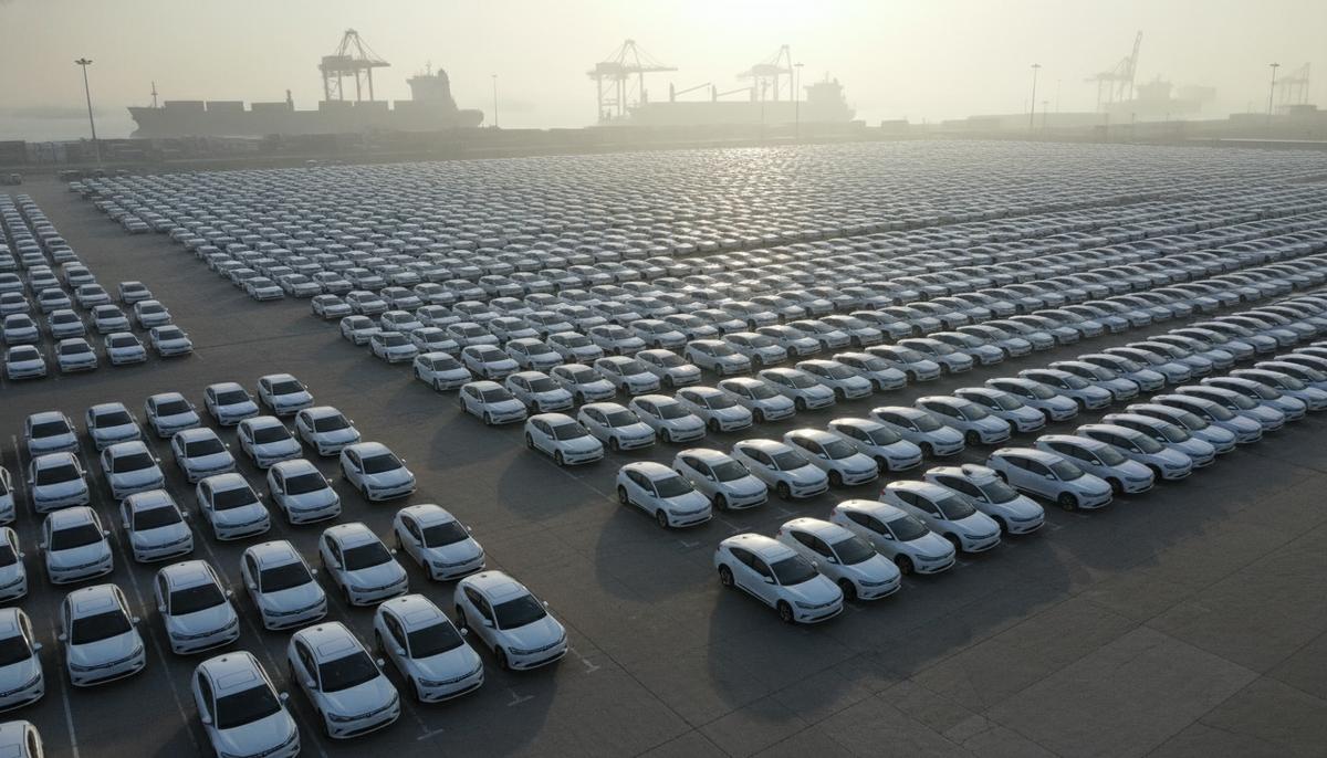 Углеродный актив BYD: 6,2 млн кредитов стоимостью более $200 млн Сотни новых белых электромобилей BYD ровными рядами на стоянке в морском порту на фоне грузовых кранов и судов.